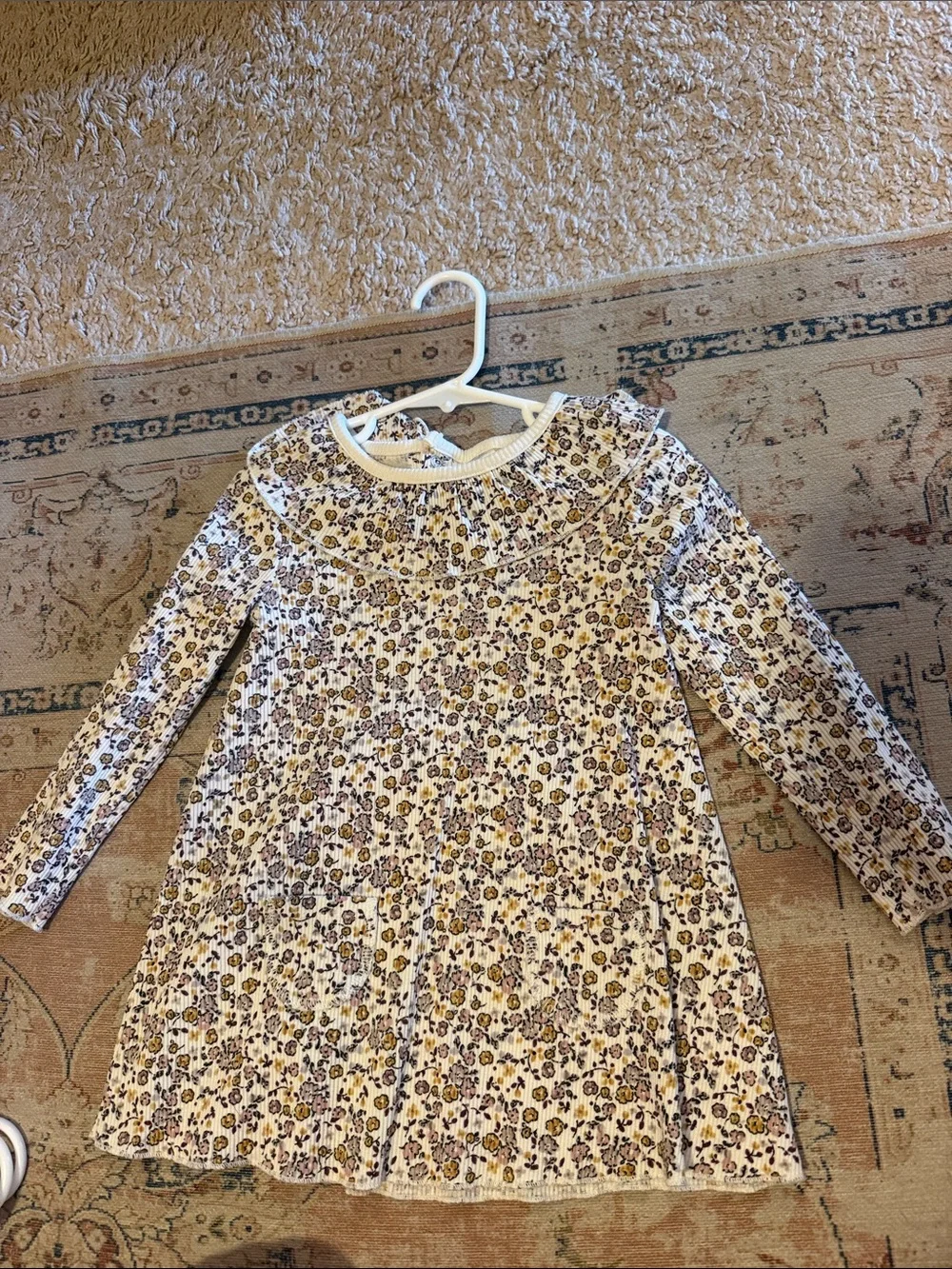 Girls' Long Sleeve Floral Knit Dress - Cream and Purple